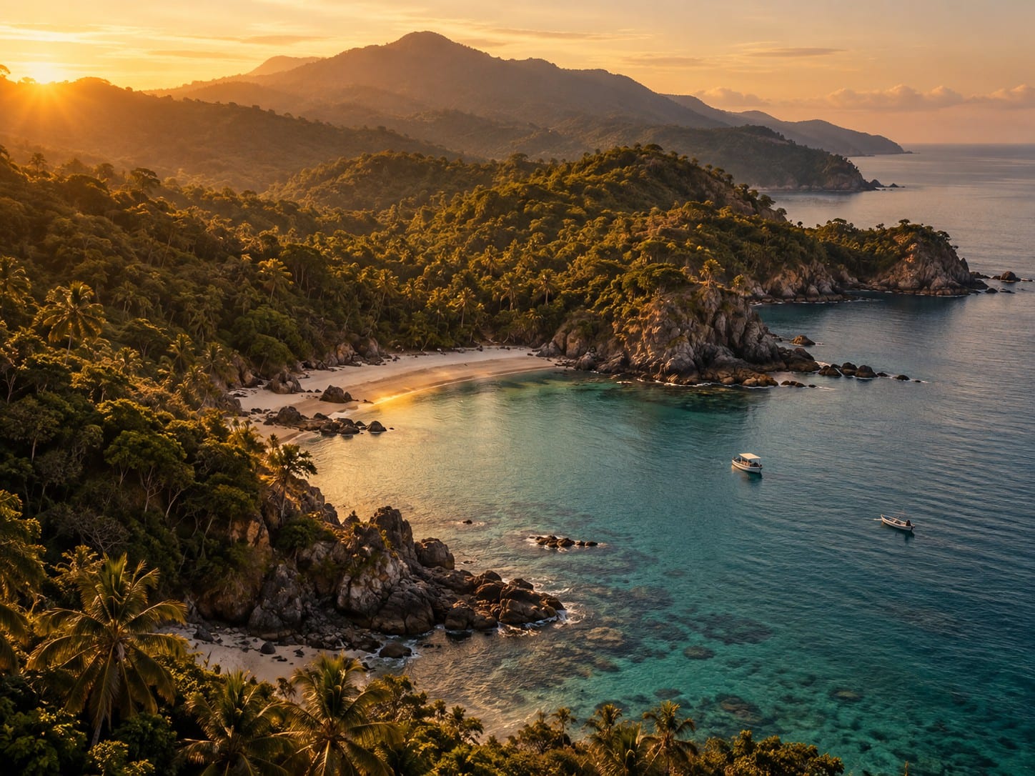 Cala de aguas claras al atardecer con dos embarcaciones pequeñas, en una escena atmosférica.